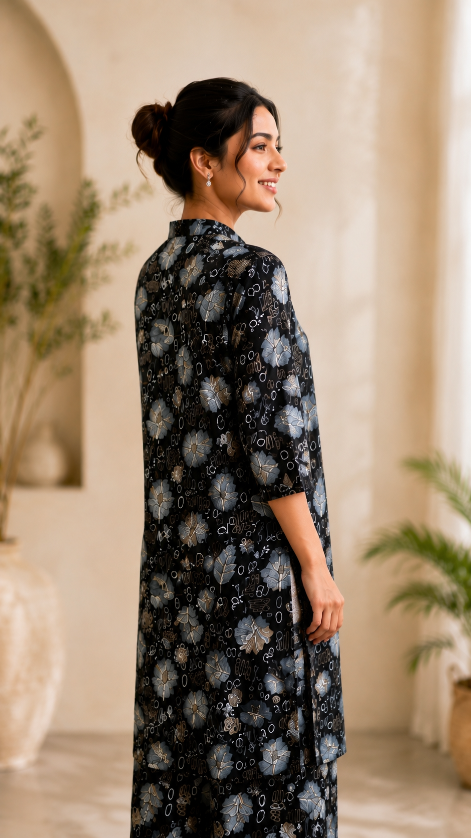Black Floral Printed Kurti Palazzo Set for Women