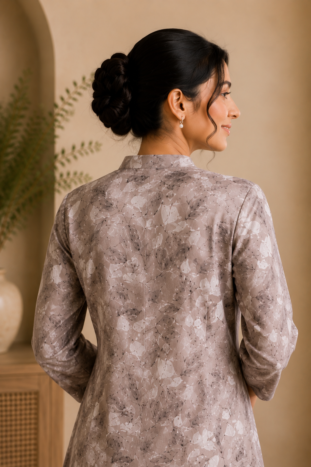 Taupe Leaf Printed Kurti Palazzo Set for Women