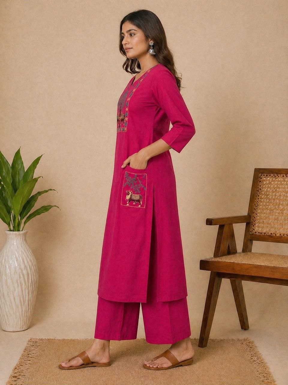 Magenta Embroidered Kurta with Palazzo Set