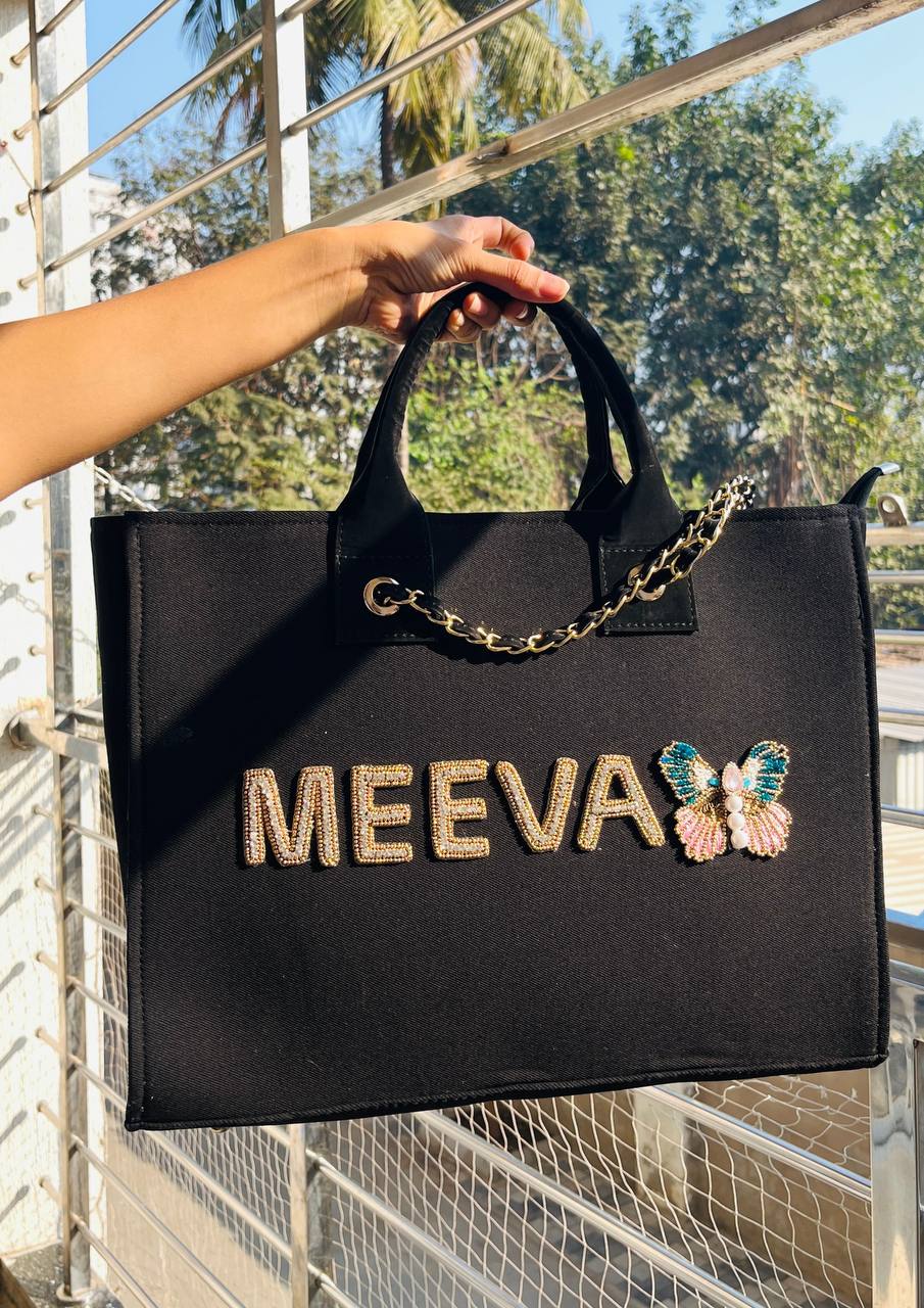 Customised Butterfly canvas tote bags with diamond name