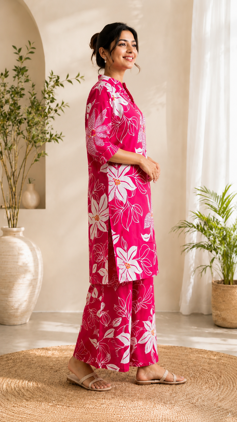 Pink Floral Printed Kurti Palazzo Set for Women