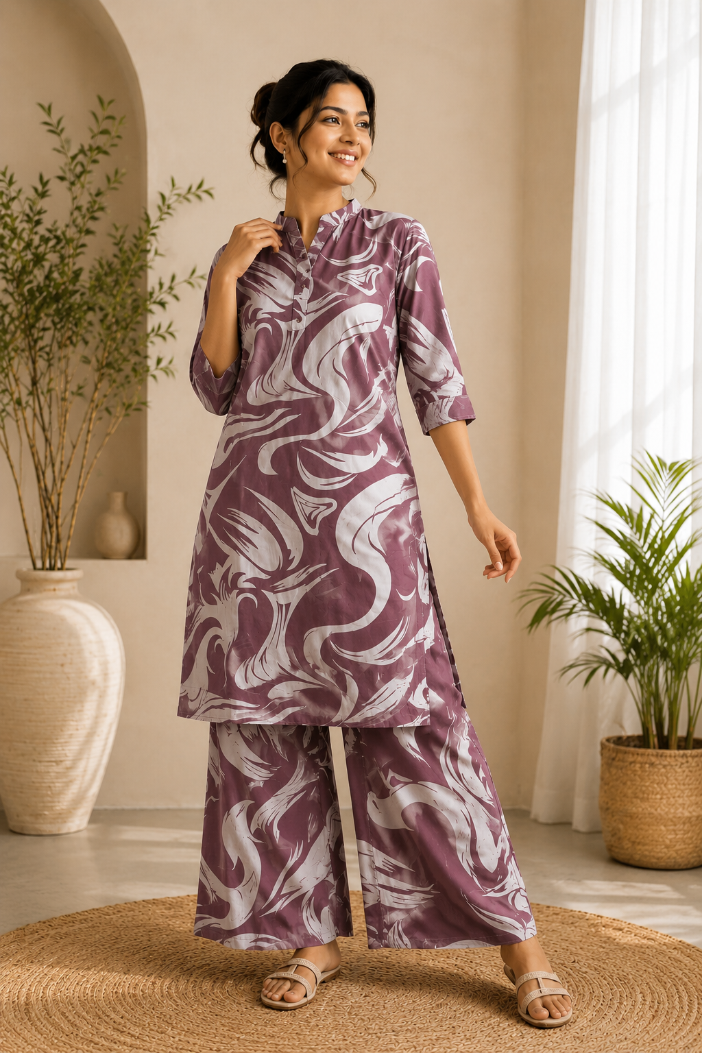 Mauve Abstract Printed Kurti Palazzo Set for Women