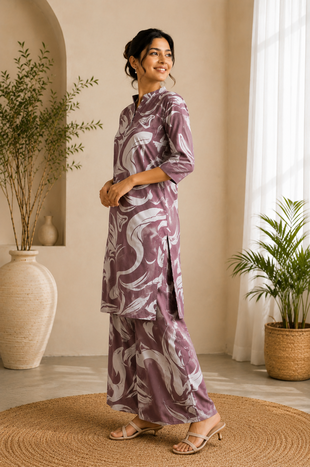 Mauve Abstract Printed Kurti Palazzo Set for Women