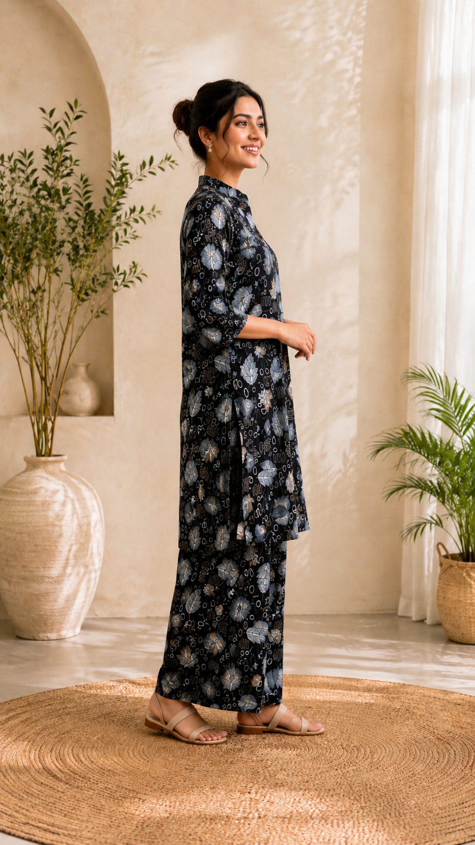 Black Floral Printed Kurti Palazzo Set for Women