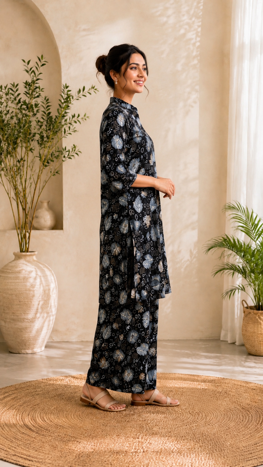 Black Floral Printed Kurti Palazzo Set for Women
