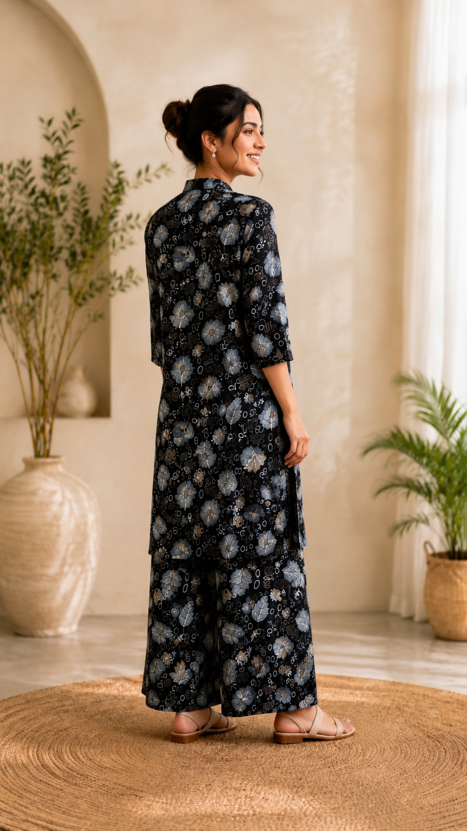 Black Floral Printed Kurti Palazzo Set for Women