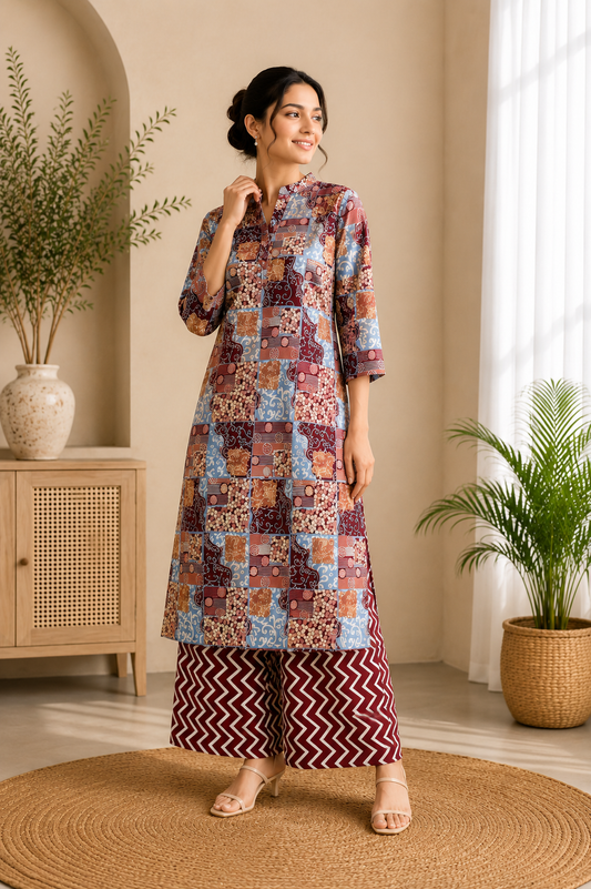 Maroon Printed Kurti Palazzo Set for Women