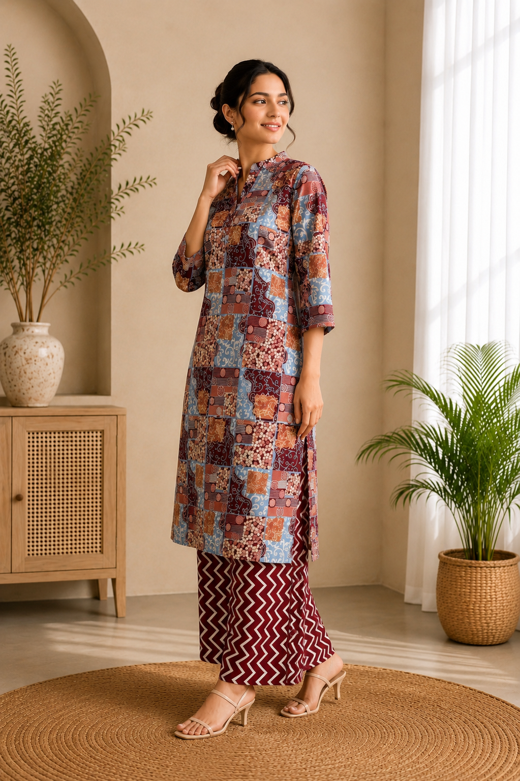 Maroon Printed Kurti Palazzo Set for Women