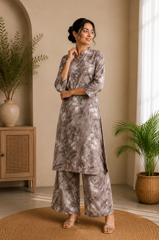 Taupe Leaf Printed Kurti Palazzo Set for Women