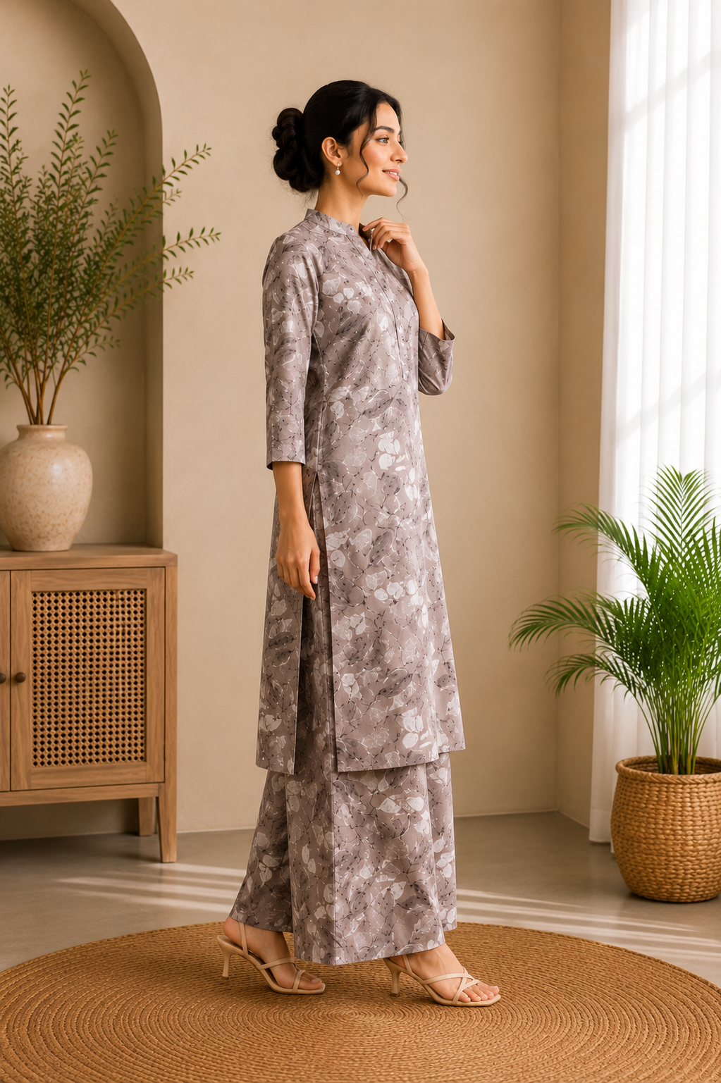 Taupe Leaf Printed Kurti Palazzo Set for Women