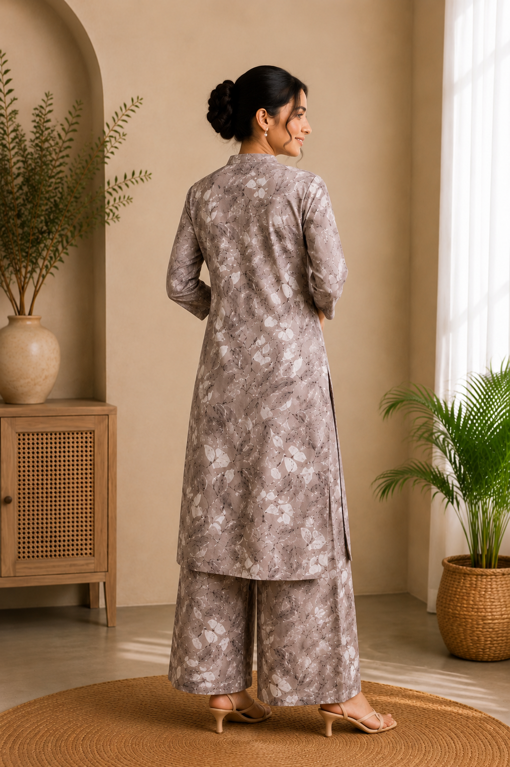 Taupe Leaf Printed Kurti Palazzo Set for Women