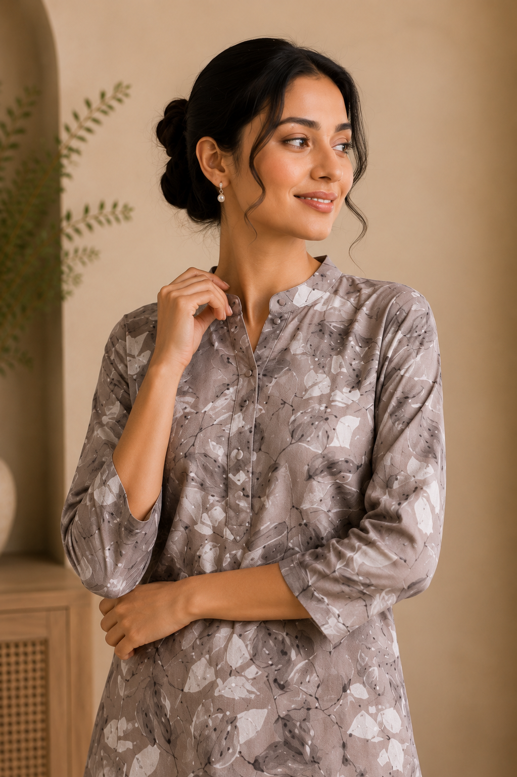 Taupe Leaf Printed Kurti Palazzo Set for Women