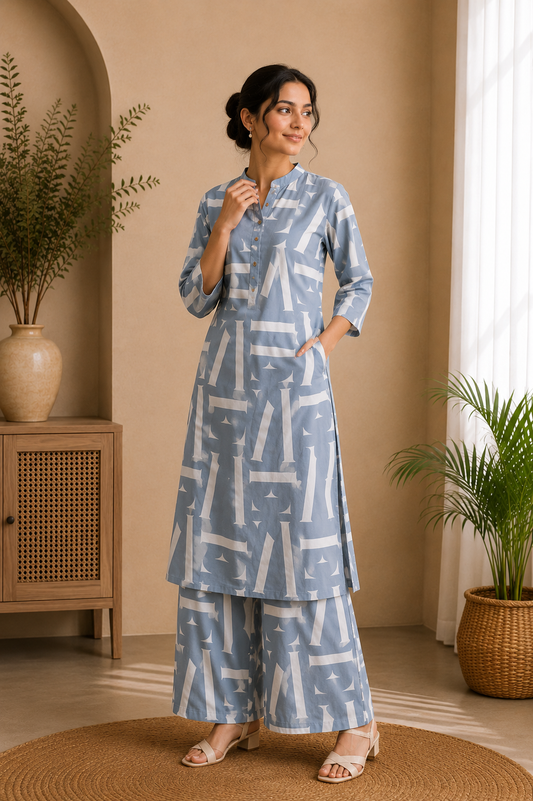 Sky Blue Abstract Printed Kurti Palazzo Set for Women