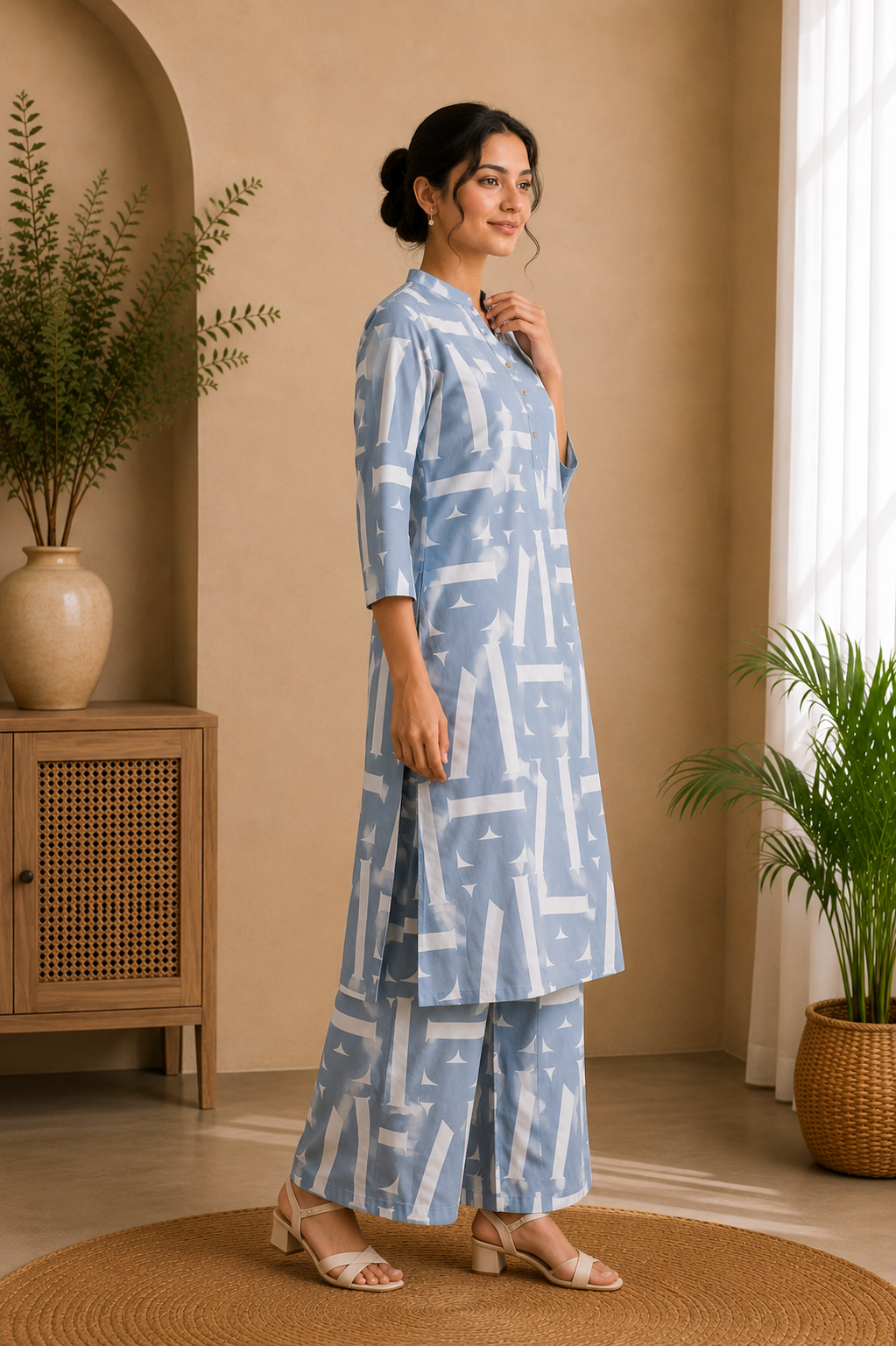 Sky Blue Abstract Printed Kurti Palazzo Set for Women
