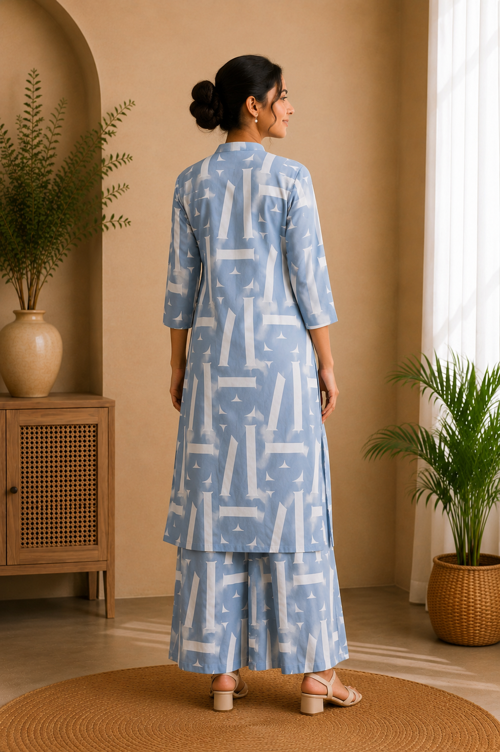 Sky Blue Abstract Printed Kurti Palazzo Set for Women