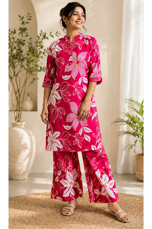 Pink Floral Printed Kurti Palazzo Set for Women