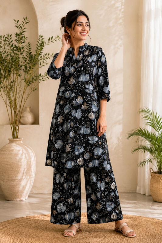 Black Floral Printed Kurti Palazzo Set for Women