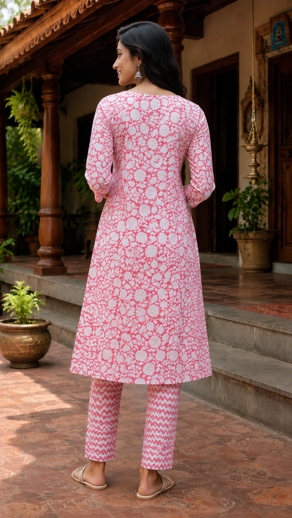 Light Pink Floral Printed Cotton Kurta Pant Set for Women
