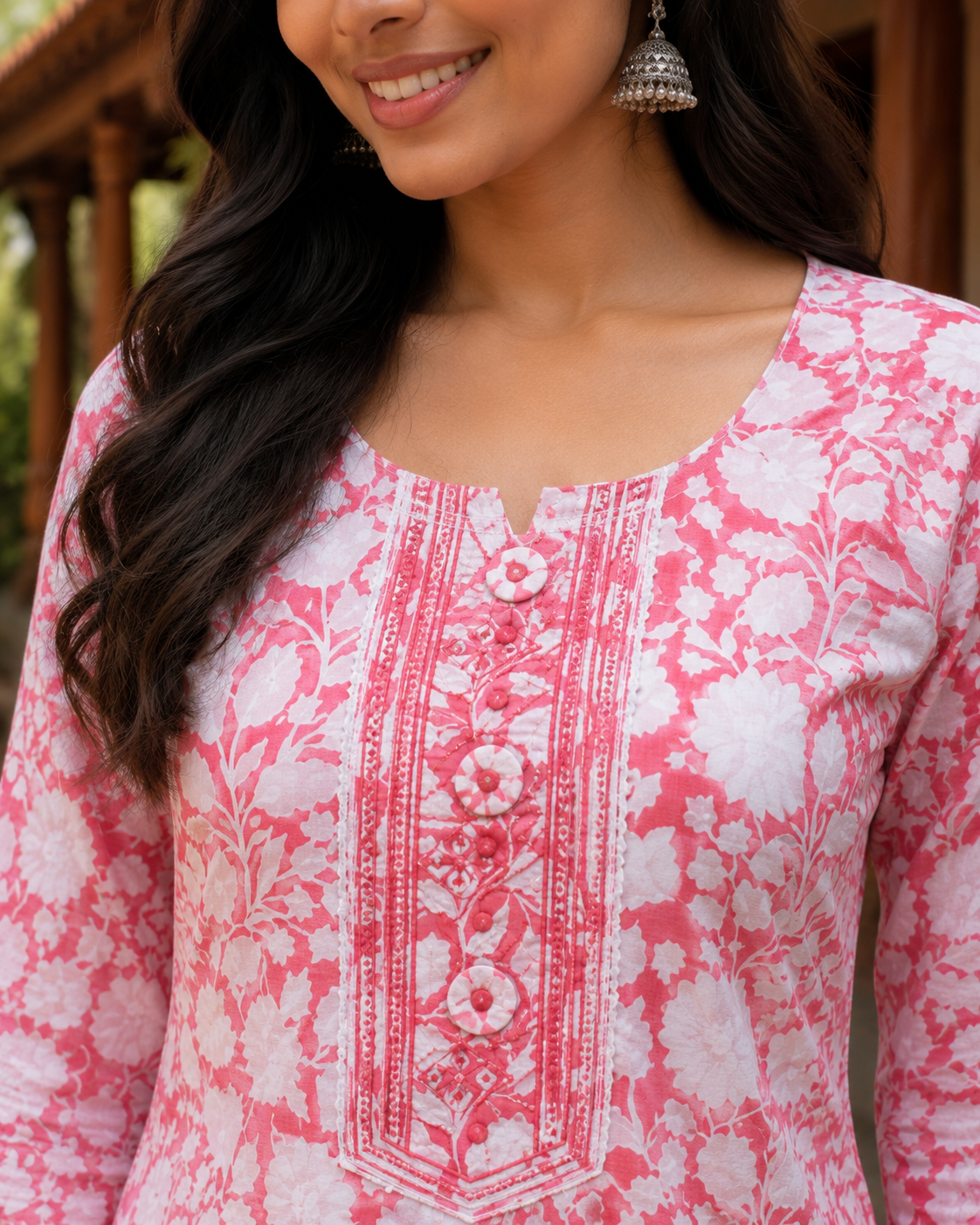 Light Pink Floral Printed Cotton Kurta Pant Set for Women