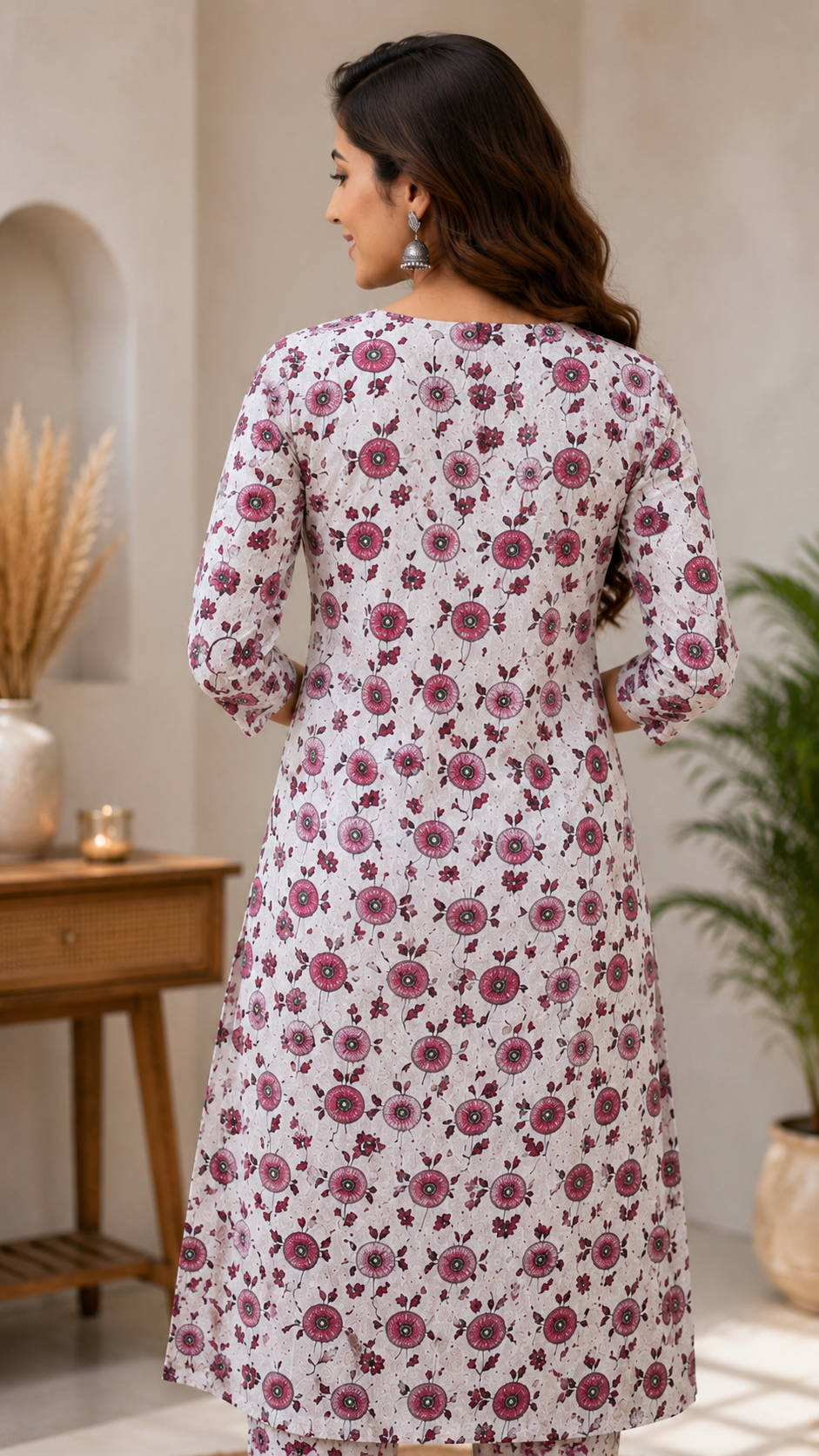 Pink Floral Printed Cotton Kurta Pant Set for Women