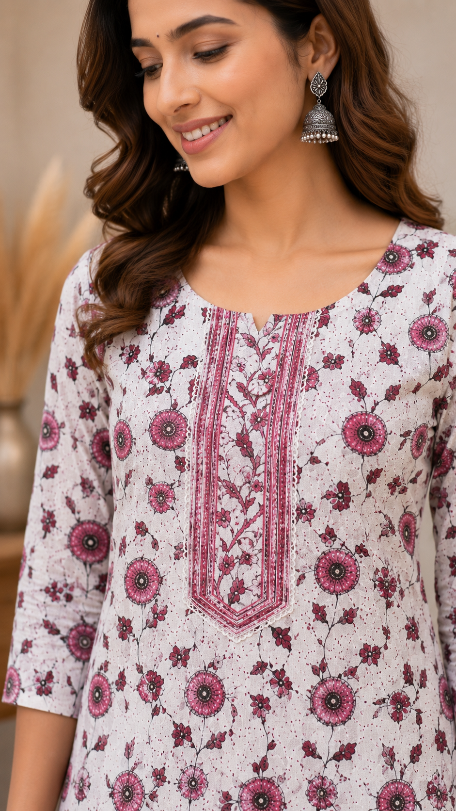 Pink Floral Printed Cotton Kurta Pant Set for Women