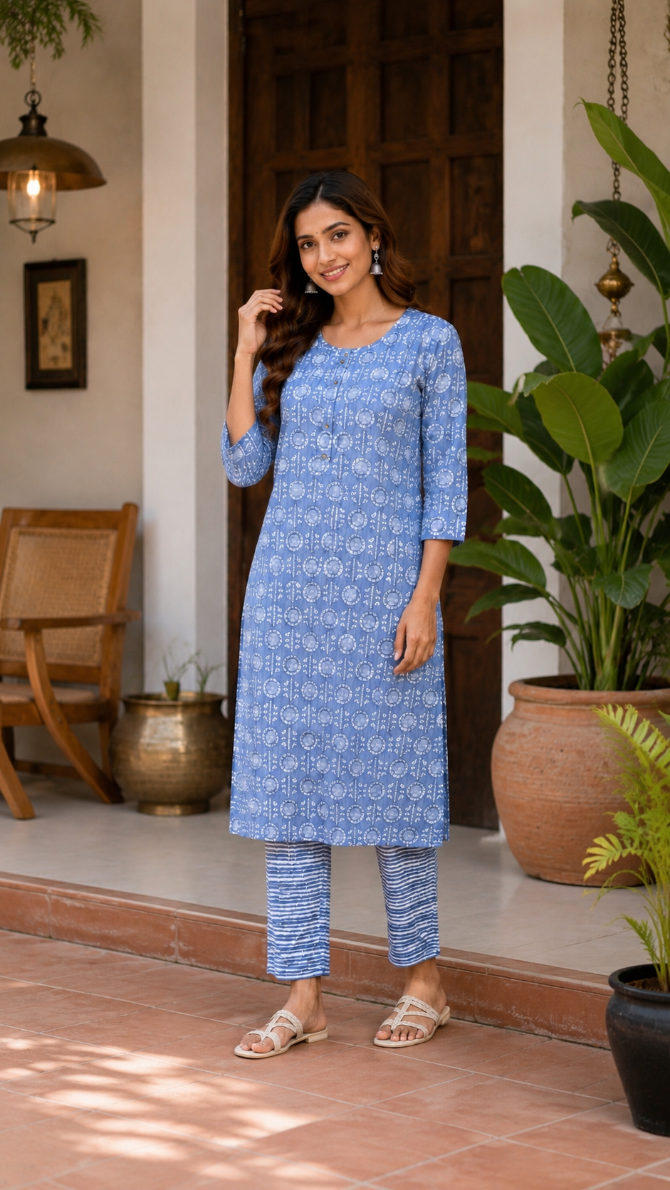 Sky Blue Printed Cotton Kurta Pant Set for Women