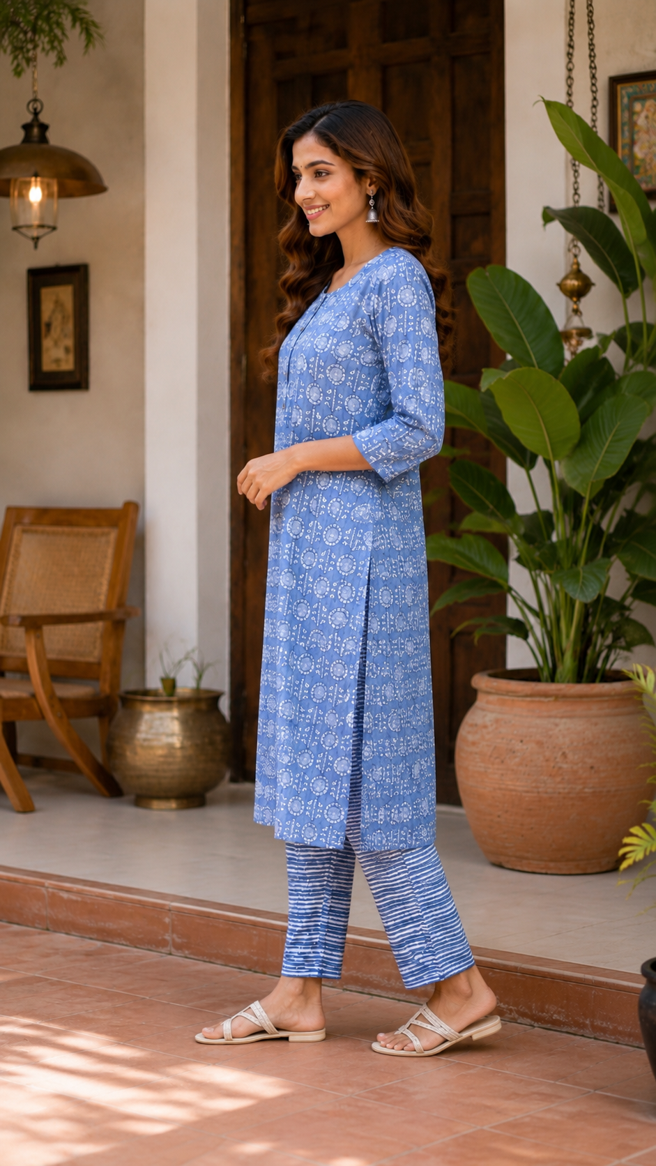 Sky Blue Printed Cotton Kurta Pant Set for Women