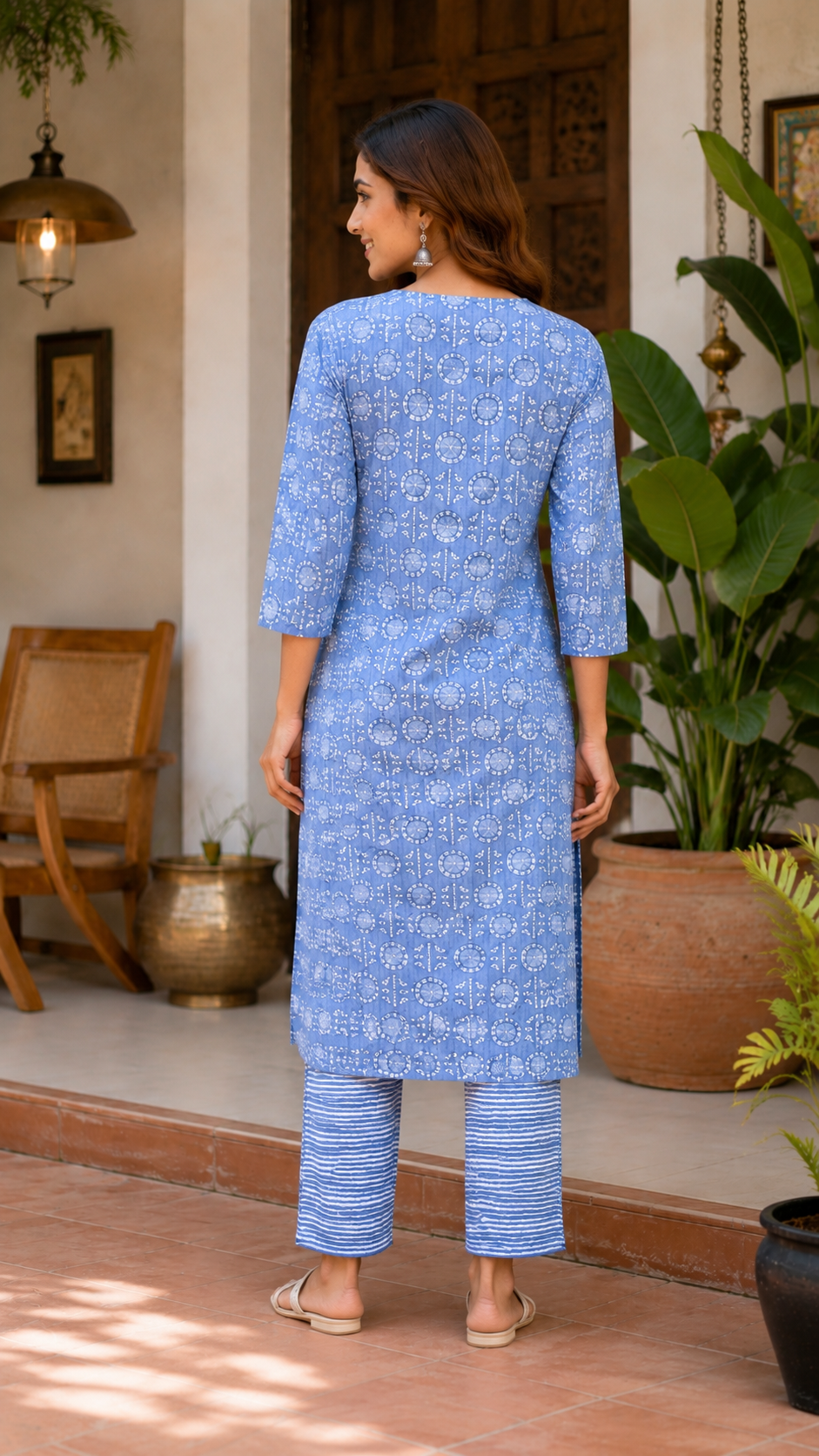 Sky Blue Printed Cotton Kurta Pant Set for Women