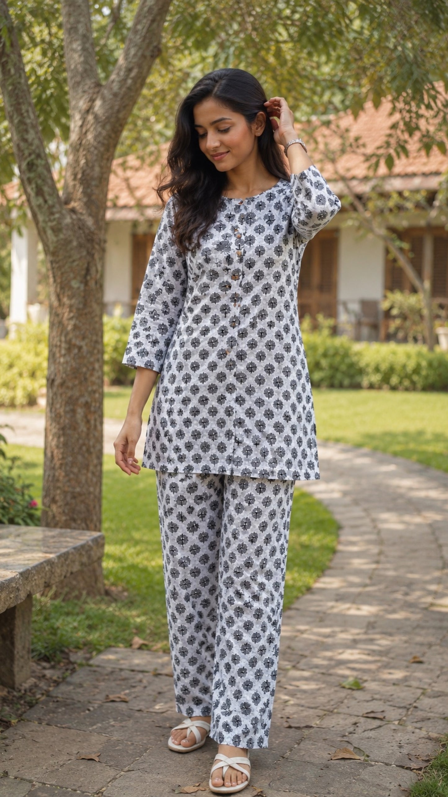 Grey Floral Printed Cotton Co-Ord Set for Women