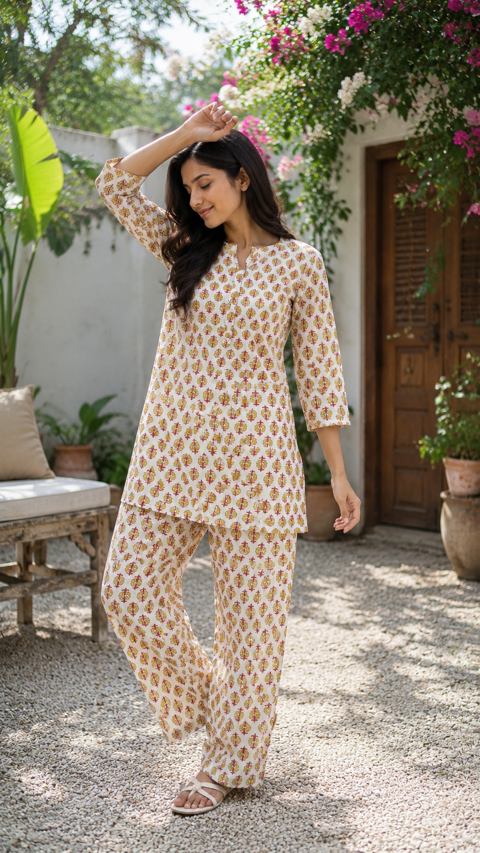 Cream & Mustard Yellow Printed Cotton Co-Ord Set for Women