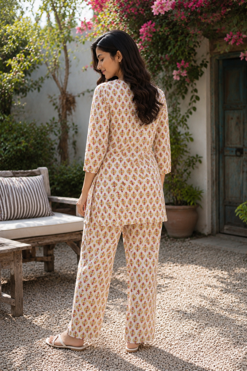 Cream & Mustard Yellow Printed Cotton Co-Ord Set for Women