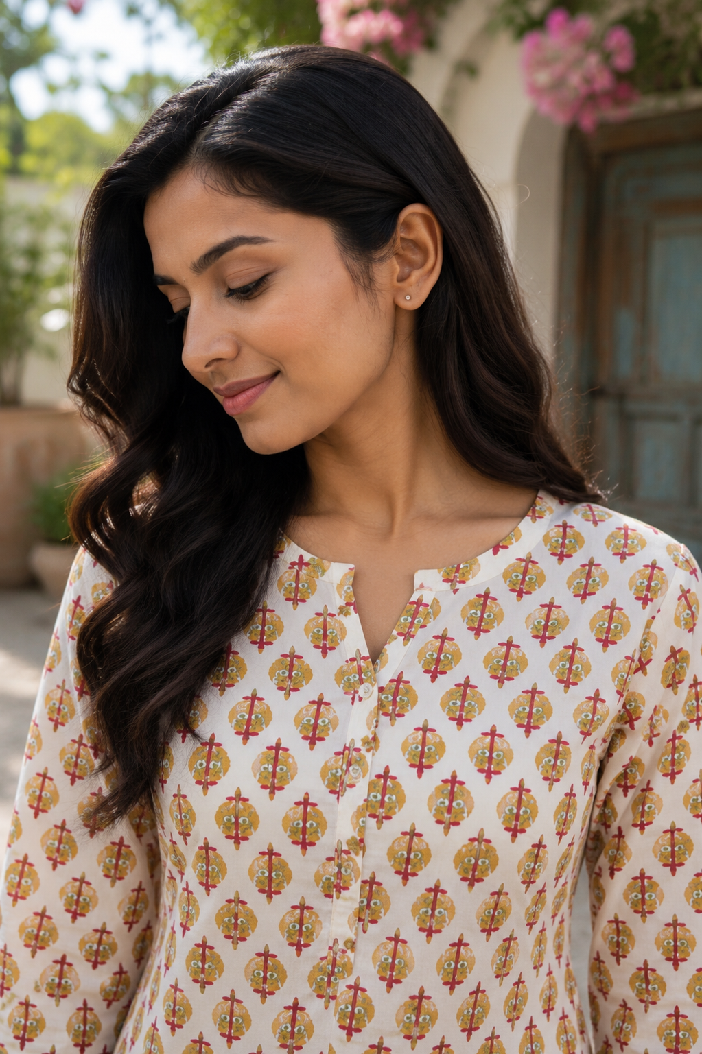 Cream & Mustard Yellow Printed Cotton Co-Ord Set for Women