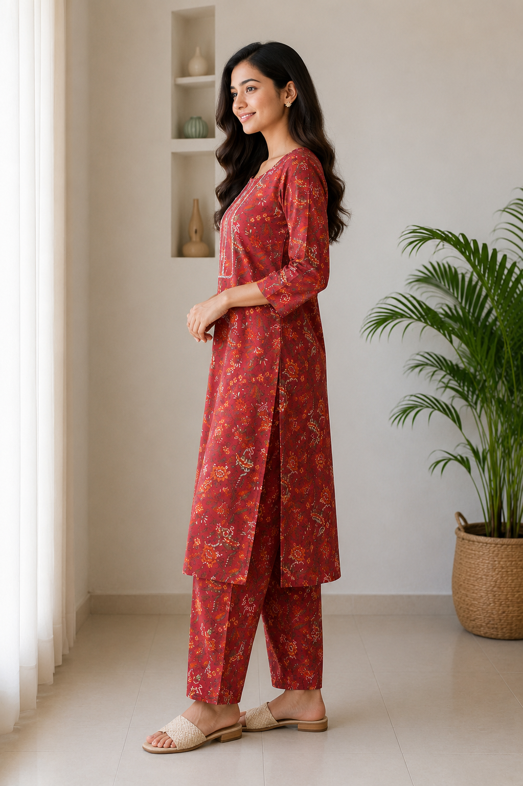 Maroon Floral Printed Cotton Kurta Pant Set for Women