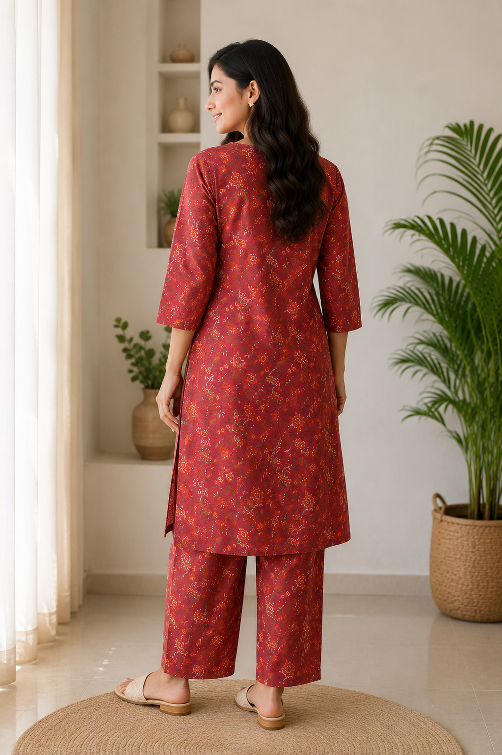 Maroon Floral Printed Cotton Kurta Pant Set for Women