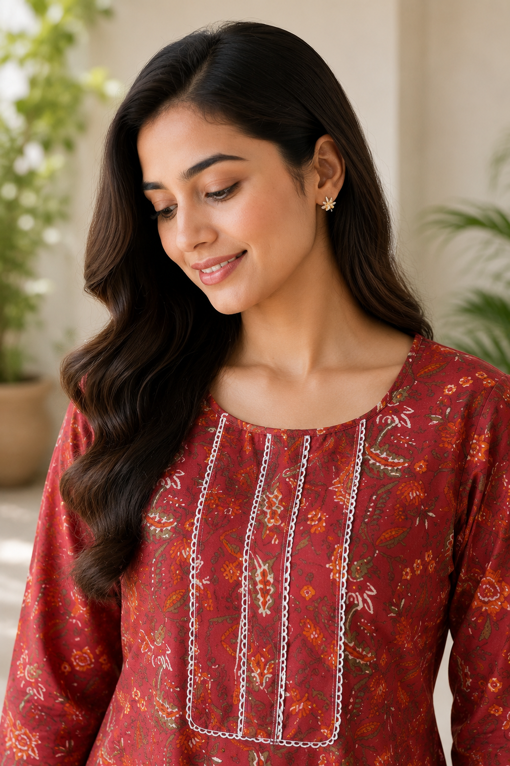 Maroon Floral Printed Cotton Kurta Pant Set for Women