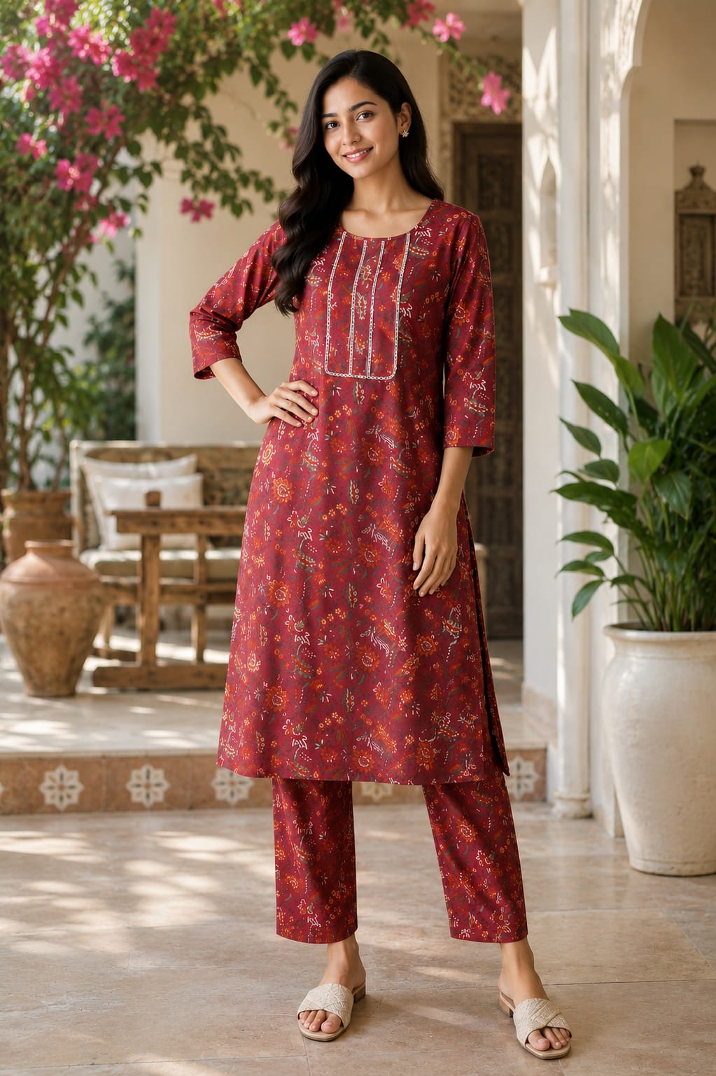 Maroon Floral Printed Cotton Kurta Pant Set for Women
