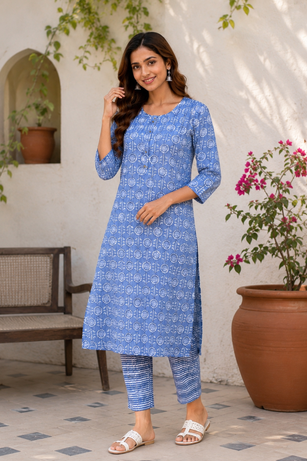 Sky Blue Printed Cotton Kurta Pant Set for Women