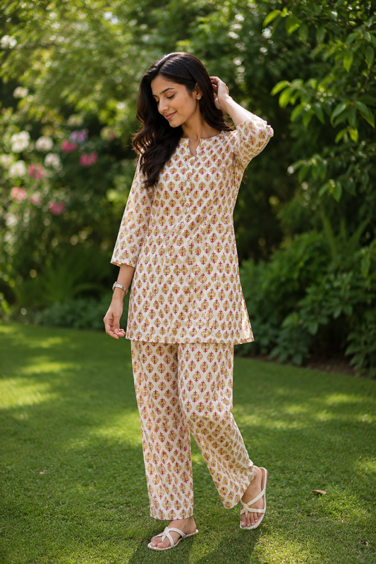 Cream & Mustard Yellow Printed Cotton Co-Ord Set for Women