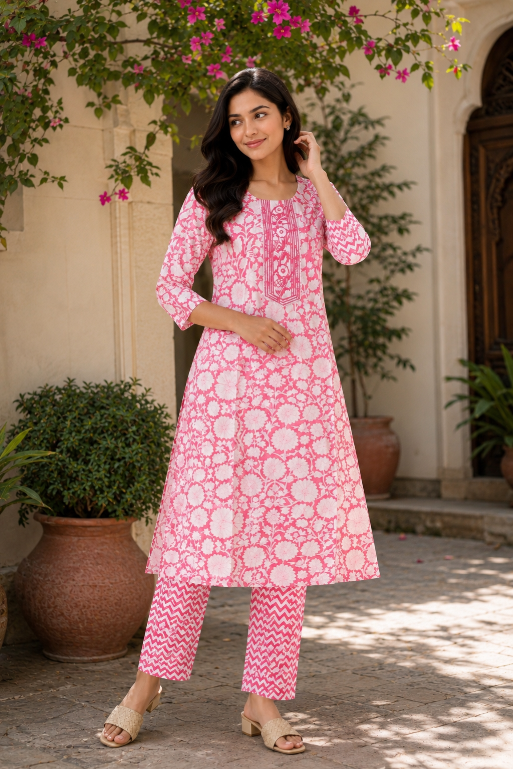 Light Pink Floral Printed Cotton Kurta Pant Set for Women