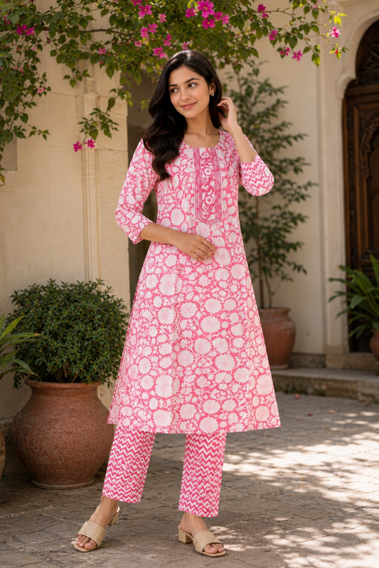 Light Pink Floral Printed Cotton Kurta Pant Set for Women