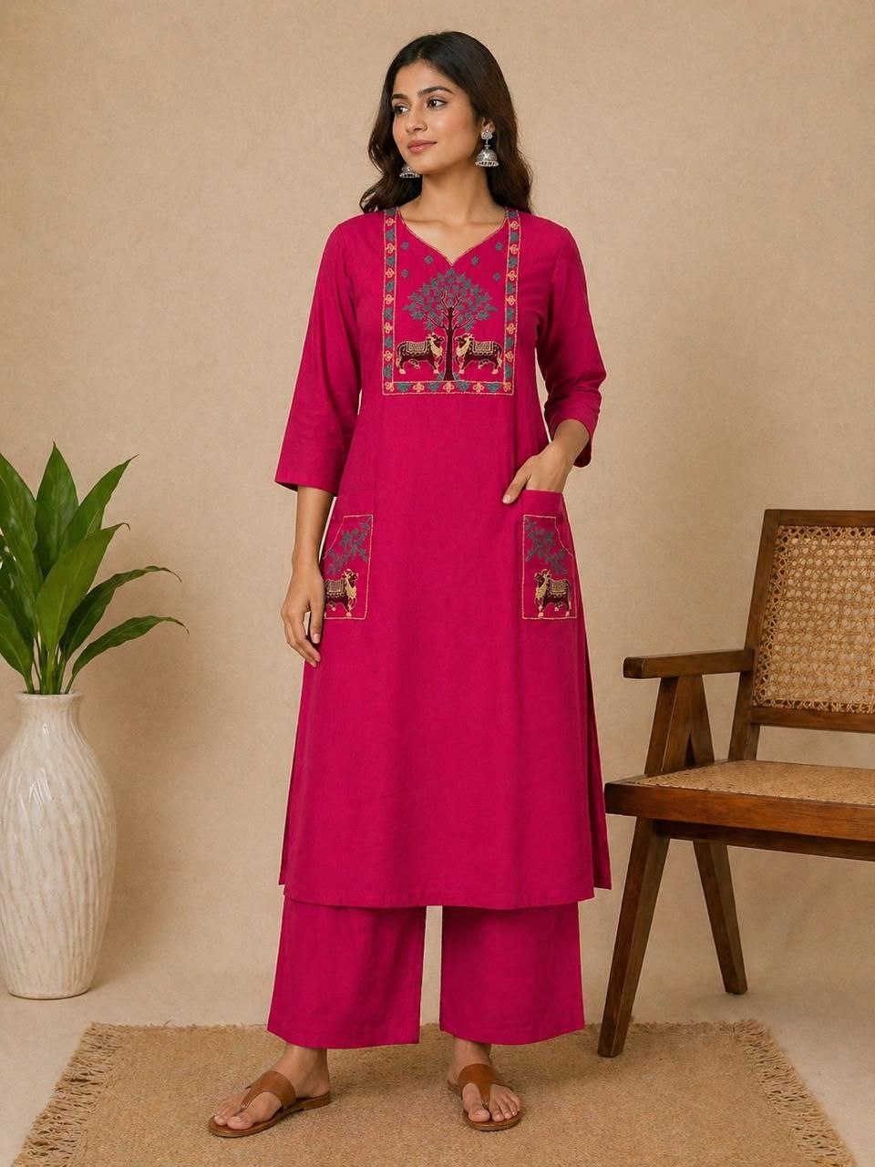 Magenta Embroidered Kurta with Palazzo Set