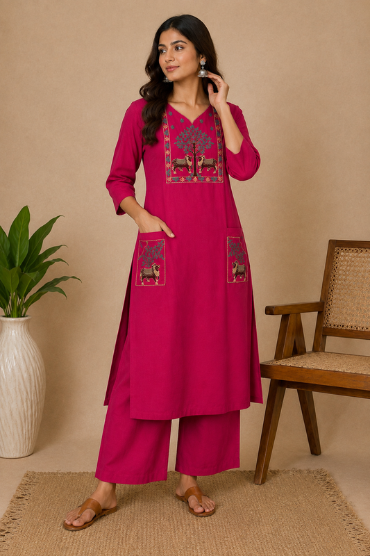 Magenta Embroidered Kurta with Palazzo Set