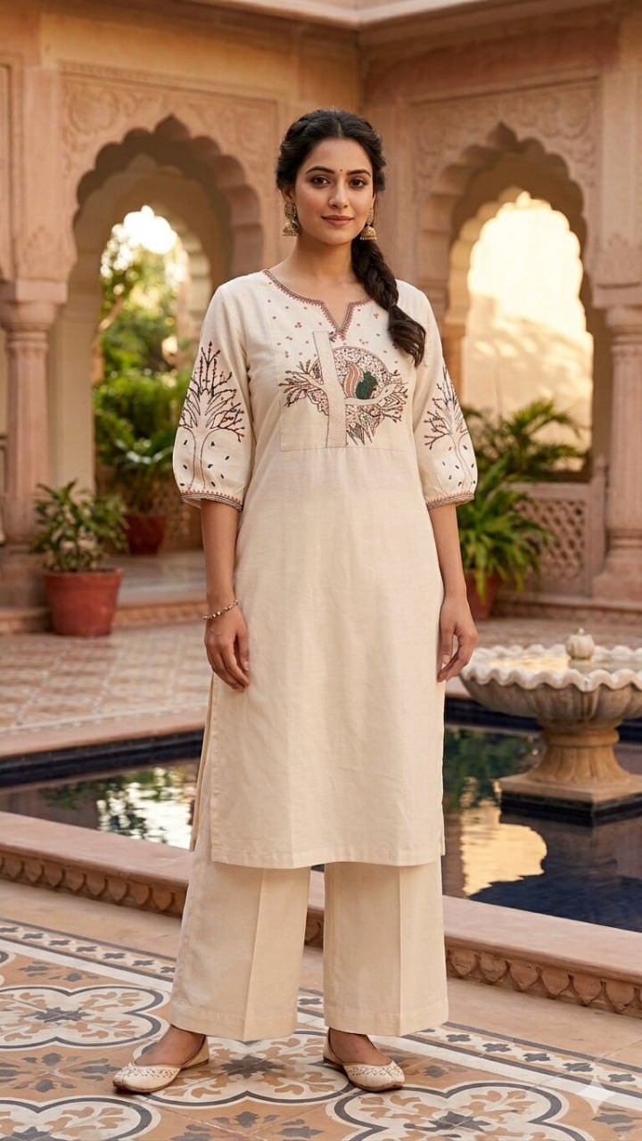 Ivory Embroidered Kurta with Palazzo Set