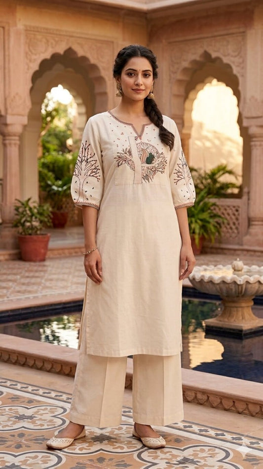 Ivory Embroidered Kurta with Palazzo Set