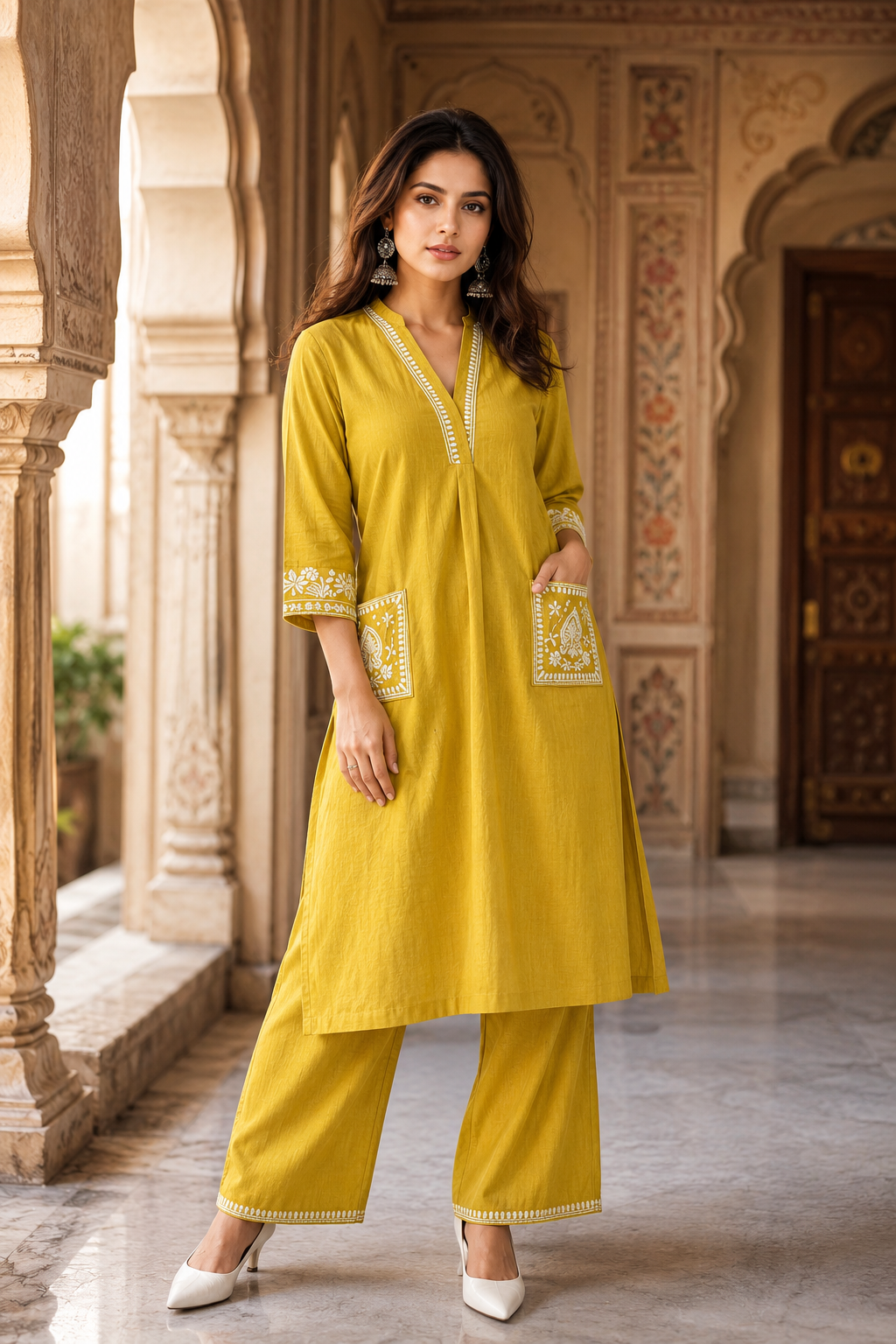 Mustard Embroidered Kurta with Palazzo Set
