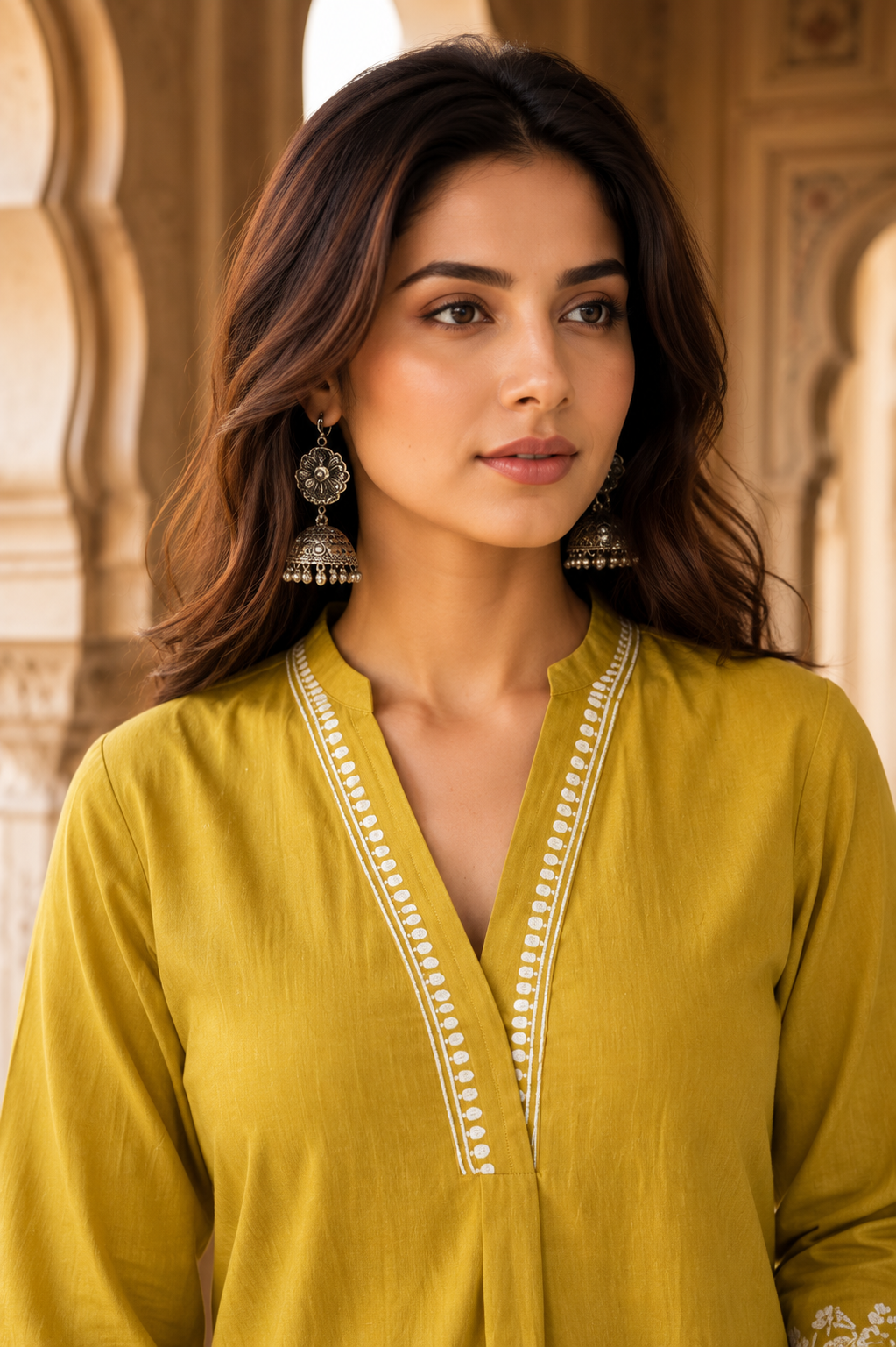 Mustard Embroidered Kurta with Palazzo Set