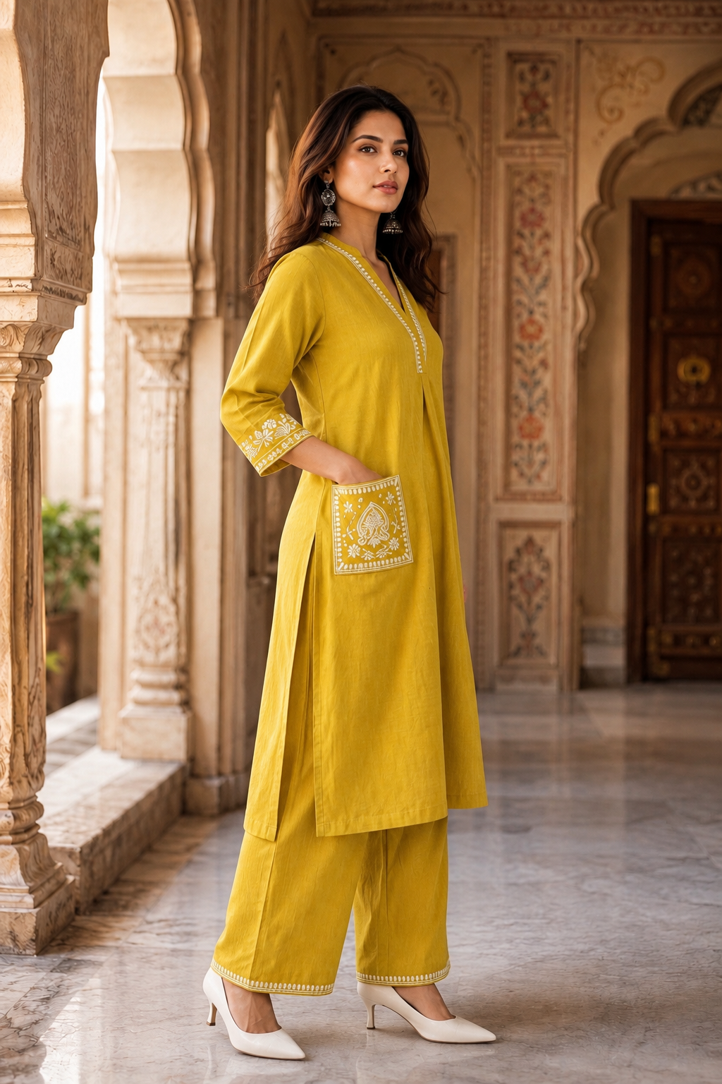 Mustard Embroidered Kurta with Palazzo Set