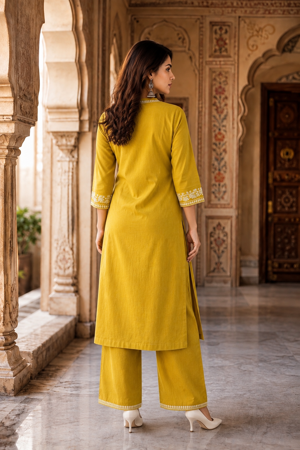 Mustard Embroidered Kurta with Palazzo Set
