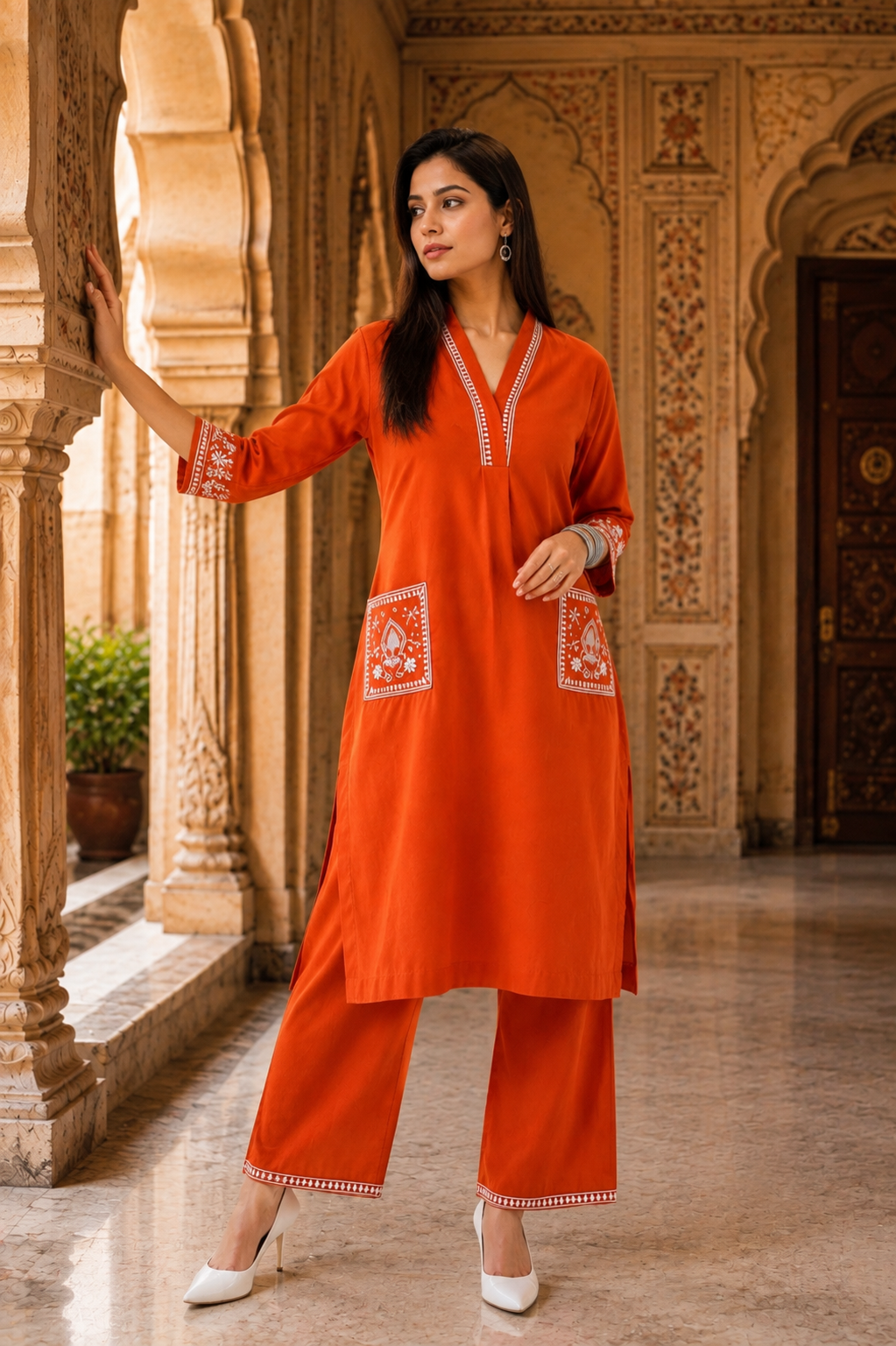 Rust Orange Embroidered Kurta with Palazzo Set