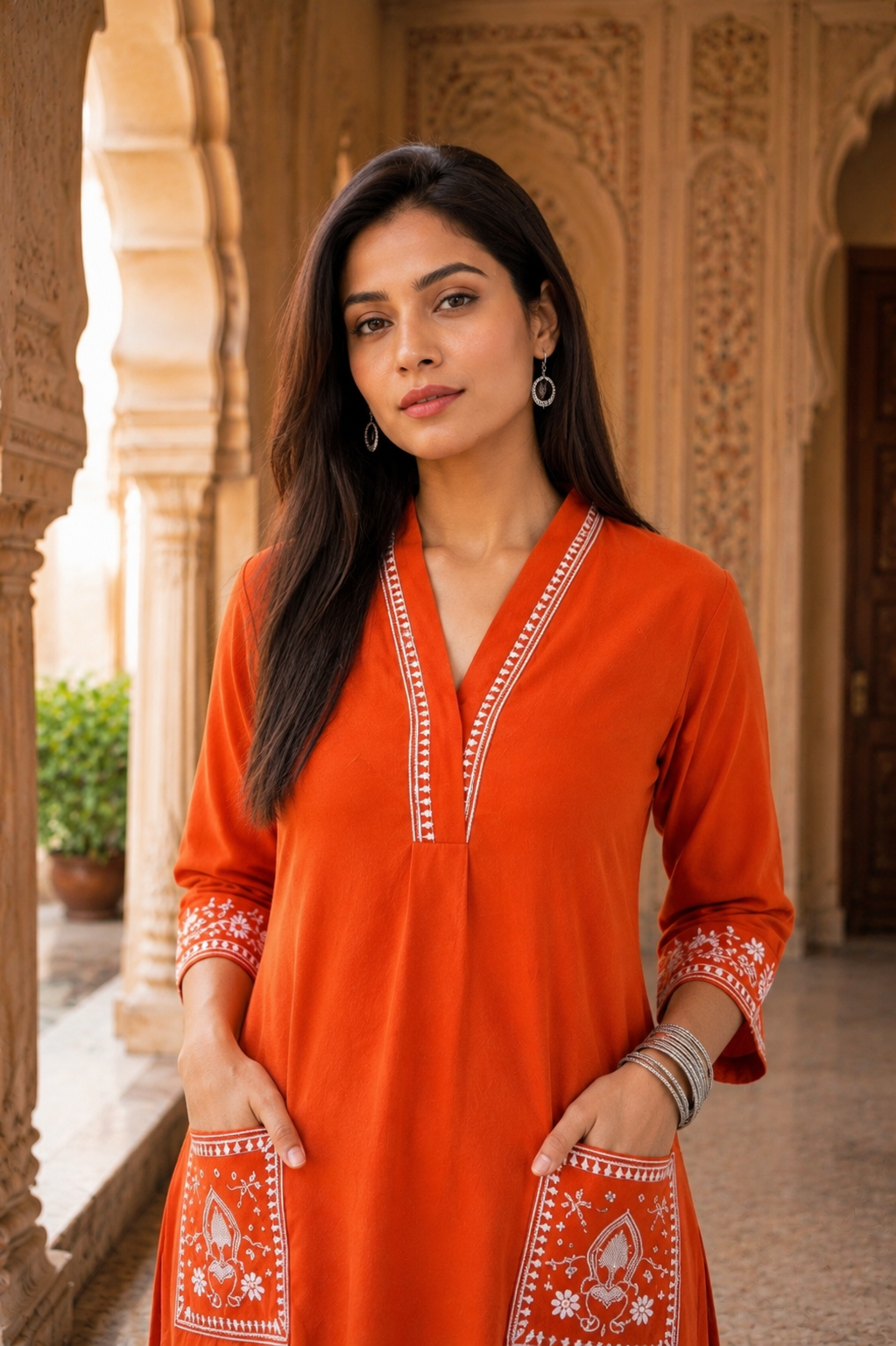 Rust Orange Embroidered Kurta with Palazzo Set